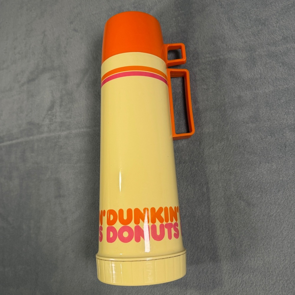 Vintage 80s Dunkin Donuts Thermos King-Seeley 1 Quart Vacuum Bottle Orange Pink - Picture 6 of 9
